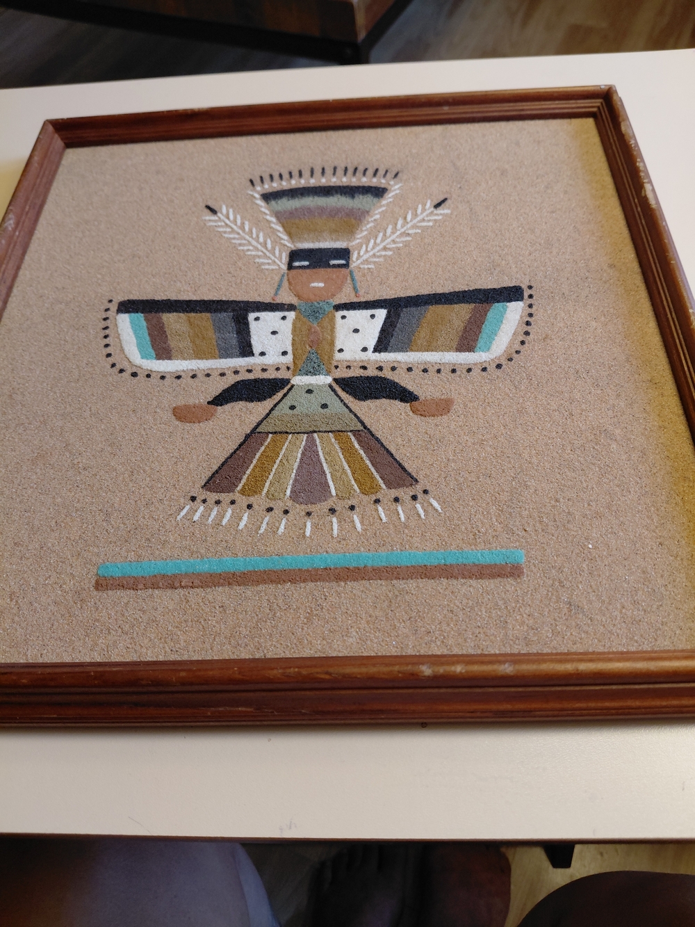 Vintage Handcrafted Native Navajo Sand Art Wall Hanging in Brown, Tan & Teal